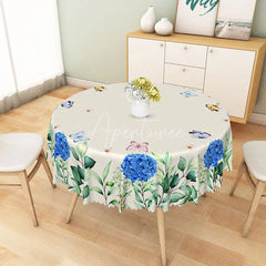 Aperturee - Aperturee Blue Hydrangea Floral and Butterflies Round Tablecloth Romantic Garden Party Dining Decor