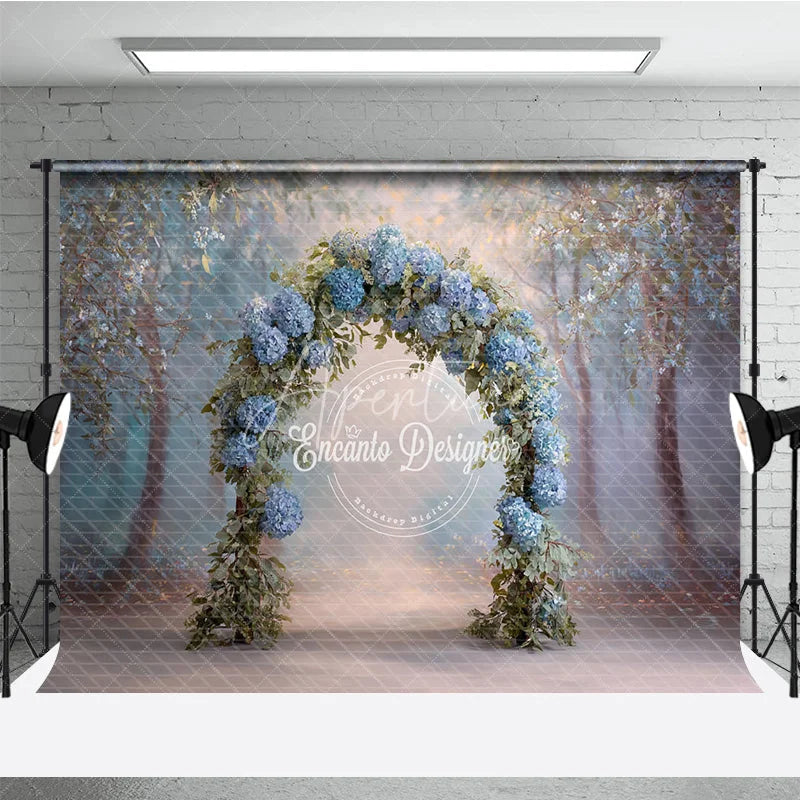 Aperturee - Aperturee Blue Hydrangea Floral Arch Backdrop Whimsical Forest Wedding Enchanted Garden Bridal Shower Photo Prop