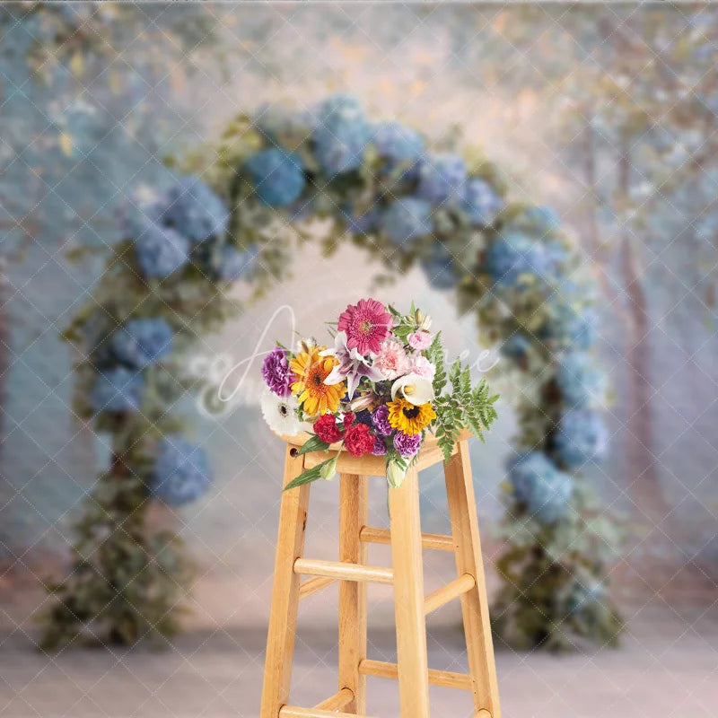 Aperturee - Aperturee Blue Hydrangea Floral Arch Backdrop Whimsical Forest Wedding Enchanted Garden Bridal Shower Photo Prop