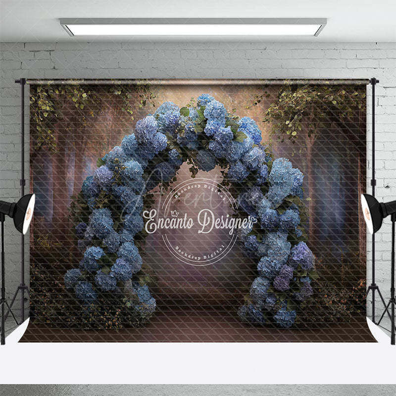 Aperturee - Aperturee Blue Hydrangea Floral Arch Photography Backdrop Enchanted Forest for Wedding Romantic Photo Background