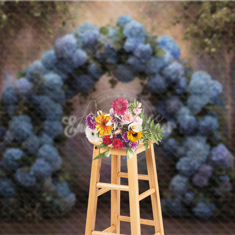 Aperturee - Aperturee Blue Hydrangea Floral Arch Photography Backdrop Enchanted Forest for Wedding Romantic Photo Background