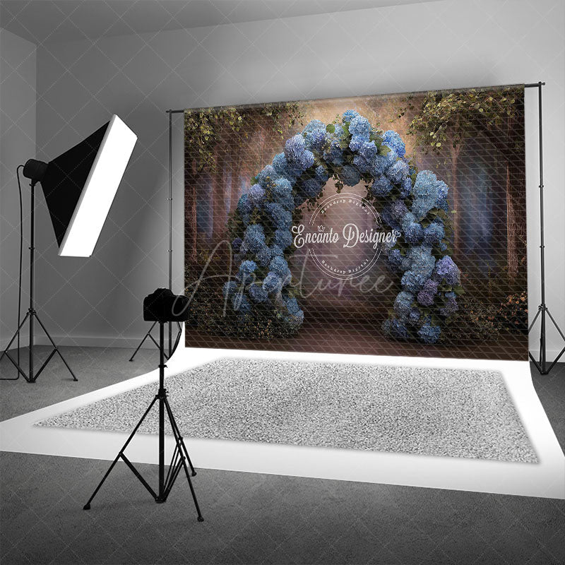 Aperturee - Aperturee Blue Hydrangea Floral Arch Photography Backdrop Enchanted Forest for Wedding Romantic Photo Background