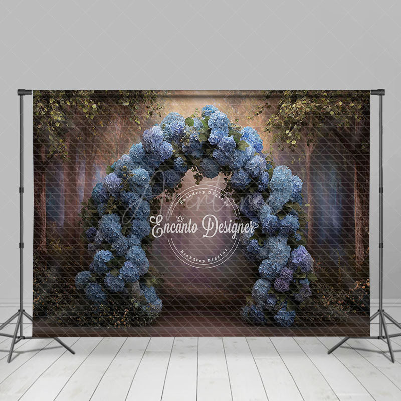 Aperturee - Aperturee Blue Hydrangea Floral Arch Photography Backdrop Enchanted Forest for Wedding Romantic Photo Background