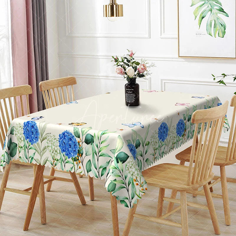 Aperturee - Aperturee Blue Hydrangea Rectangle Tablecloth Butterfly and Floral Dining Table Cover Decor