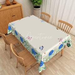 Aperturee - Aperturee Blue Hydrangea Rectangle Tablecloth Butterfly and Floral Dining Table Cover Decor