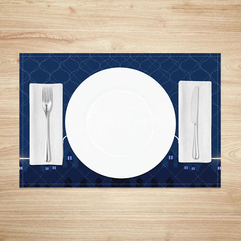 Aperturee - Aperturee Blue Islamic Mosque Set of 4 Placemats Geometric Lattice and Crescent Moon Ramadan Eid Mubarak Table Mats
