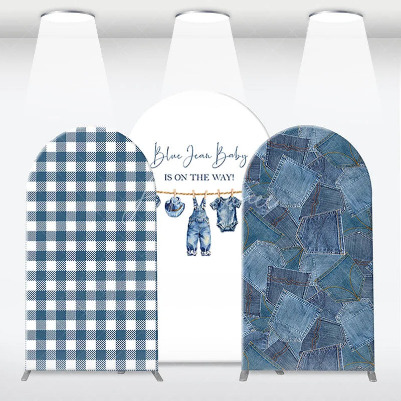 Aperturee - Aperturee Blue Jean Baby Gingham Check and Denim Patchwork Arch Backdrop Kit Rustic Baby Shower Celebration Decor