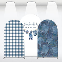Aperturee - Aperturee Blue Jean Baby Gingham Check and Denim Patchwork Arch Backdrop Kit Rustic Baby Shower Celebration Decor