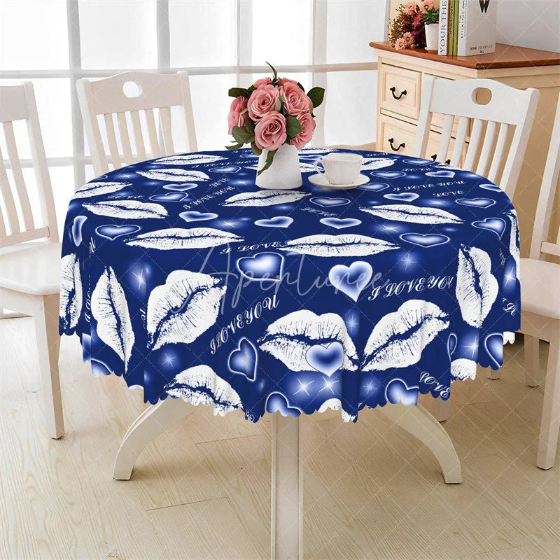 Aperturee - Aperturee Blue Lip I Love You Round Tablecloth Romantic Kiss Mark Table Cover for Valentine Party