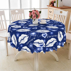 Aperturee - Aperturee Blue Lip I Love You Round Tablecloth Romantic Kiss Mark Table Cover for Valentine Party