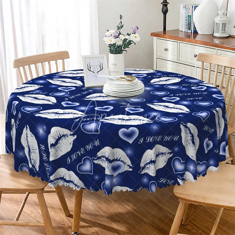 Aperturee - Aperturee Blue Lip I Love You Round Tablecloth Romantic Kiss Mark Table Cover for Valentine Party