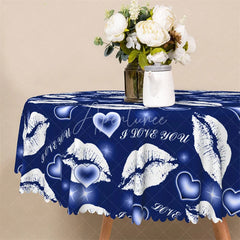 Aperturee - Aperturee Blue Lip I Love You Round Tablecloth Romantic Kiss Mark Table Cover for Valentine Party