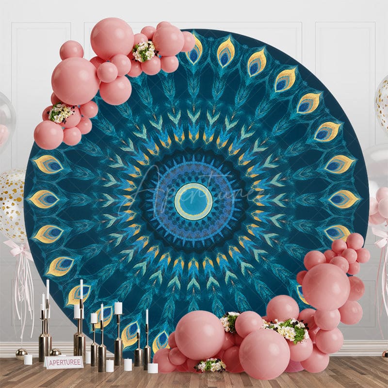 Aperturee - Aperturee Blue Mandala Floral Pattern Round Birthday Backdrop