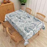 Aperturee - Aperturee Blue Marine Sketch Rectangle Tablecloth Ocean Anchor Steering Wheel Table Cover Summer Beach Party Decor