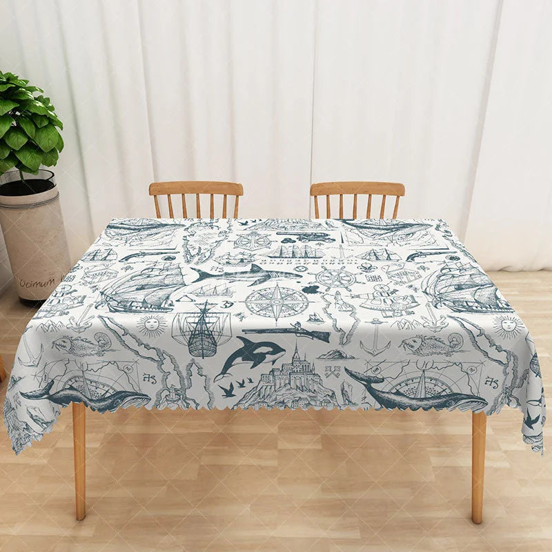 Aperturee - Aperturee Blue Marine Sketch Rectangle Tablecloth Ocean Anchor Steering Wheel Table Cover Summer Beach Party Decor