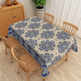 Aperturee - Aperturee Blue Medallion Rectangle Tablecloth Vintage Beige Mandala Table Cover Boho Dining Room Home Decor
