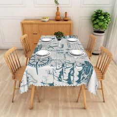 Aperturee - Aperturee Blue Nautical Ship Rectangle Tablecloth Ocean Sailboat Compass Table Cover Coastal Beach House Decor