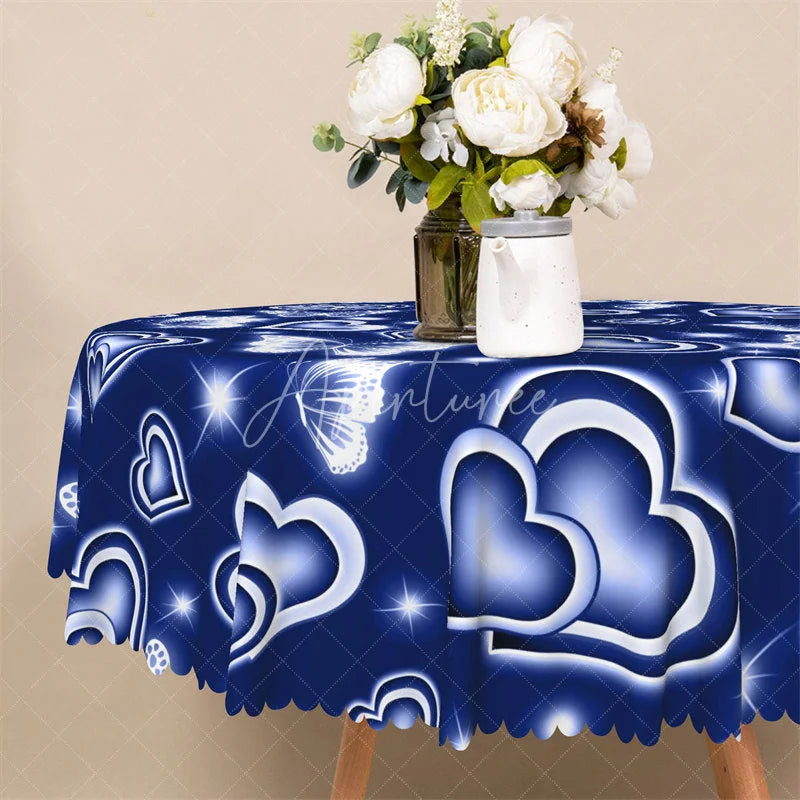Aperturee - Aperturee Blue Neon Heart Butterfly Round Tablecloth Cool Glowing Love Table Cover for Wedding