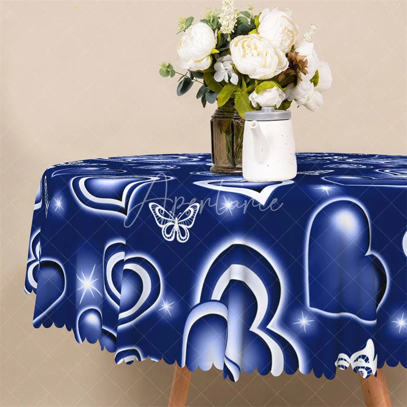 Aperturee - Aperturee Blue Neon Heart Butterfly Round Tablecloth Glowing Love Pattern Table Cover for Wedding