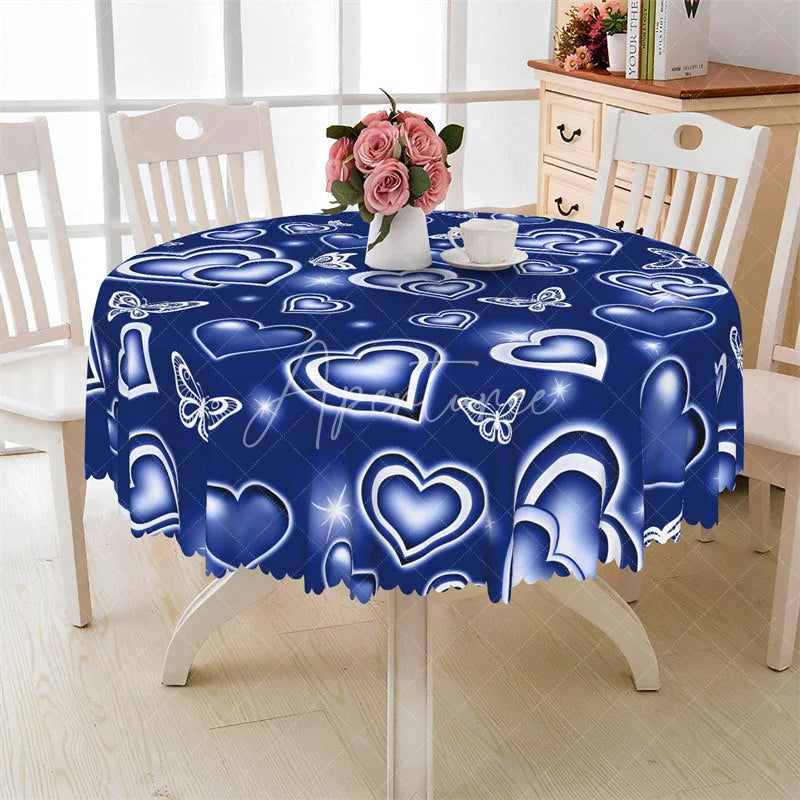 Aperturee - Aperturee Blue Neon Heart Butterfly Round Tablecloth Glowing Love Pattern Table Cover for Wedding