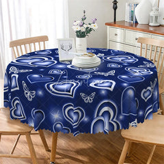Aperturee - Aperturee Blue Neon Heart Butterfly Round Tablecloth Glowing Love Pattern Table Cover for Wedding