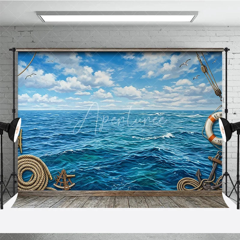 Aperturee - Aperturee Blue Ocean and Sky Photography Backdrop Vintage Nautical Wooden Frame for Sea Adventure Theme
