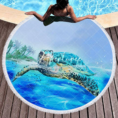 Aperturee - Aperturee Blue Ocean Sea Turtle Summer Vibe Round Beach Towel