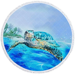 Aperturee - Aperturee Blue Ocean Sea Turtle Summer Vibe Round Beach Towel