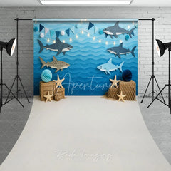 Aperturee - Aperturee Blue Ocean Shark Sweep Backdrop Kids Birthday Party Decor with Nautical Elements