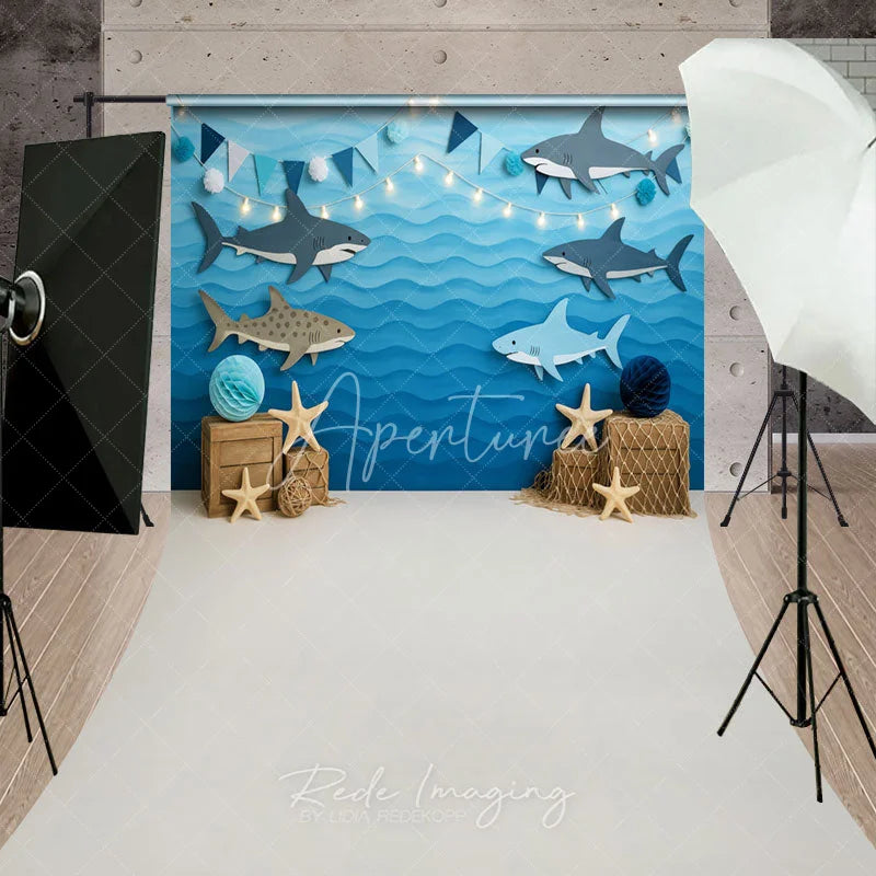 Aperturee - Aperturee Blue Ocean Shark Sweep Backdrop Kids Birthday Party Decor with Nautical Elements