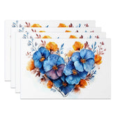 Aperturee - Aperturee Blue Orange Floral Heart Set of 4 Placemats Watercolor Flower Valentine Decoration Spring Love Table Mat