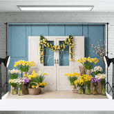 Aperturee - Aperturee Blue Paneled Wall and White Doors Photography Backdrop Yellow Rose Garland and Spring Floral Decor