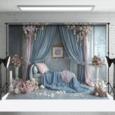 Aperturee - Aperturee Blue Pink Curtain Sofa Floral Wedding Photo Backdrop