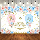 Aperturee - Aperturee Blue Pink Floral Balloons Gender Reveal Backdrop