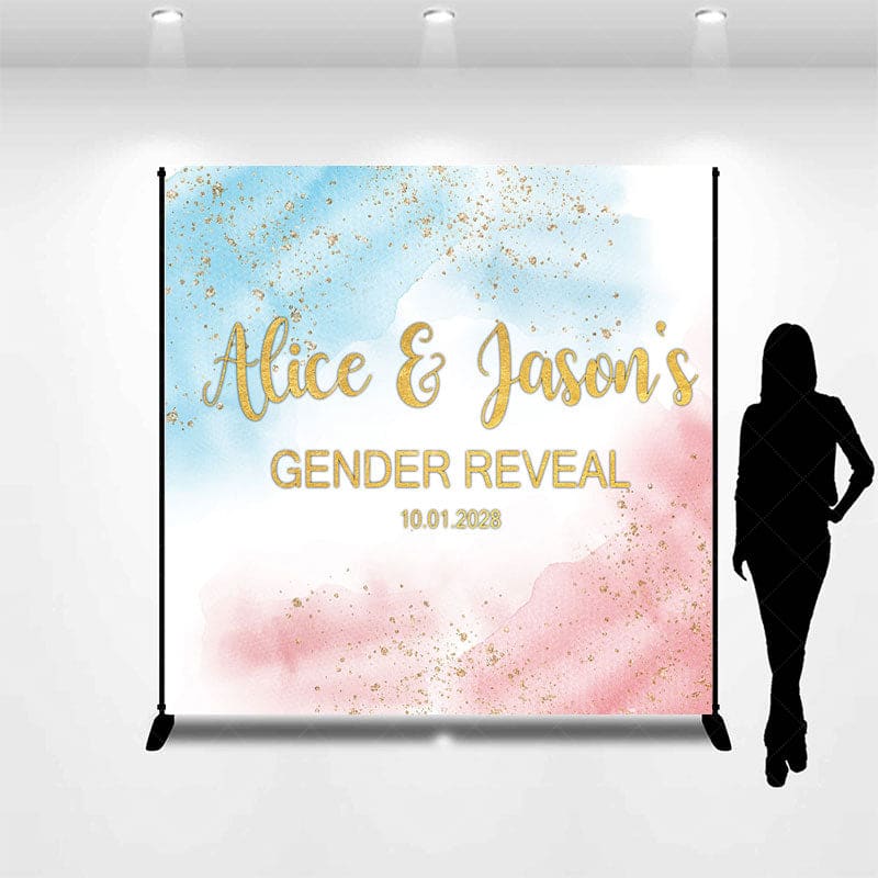 Aperturee - Aperturee Blue Pink Glitter Custom Name Gender Reveal Backdrop