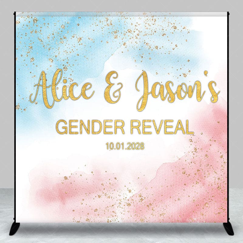 Aperturee - Aperturee Blue Pink Glitter Custom Name Gender Reveal Backdrop