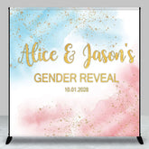 Aperturee - Aperturee Blue Pink Glitter Custom Name Gender Reveal Backdrop