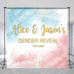 Aperturee - Aperturee Blue Pink Glitter Custom Name Gender Reveal Backdrop