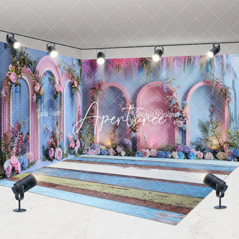 Aperturee - Aperturee Blue Pink Romantic Floral Wedding Room Set Backdrop