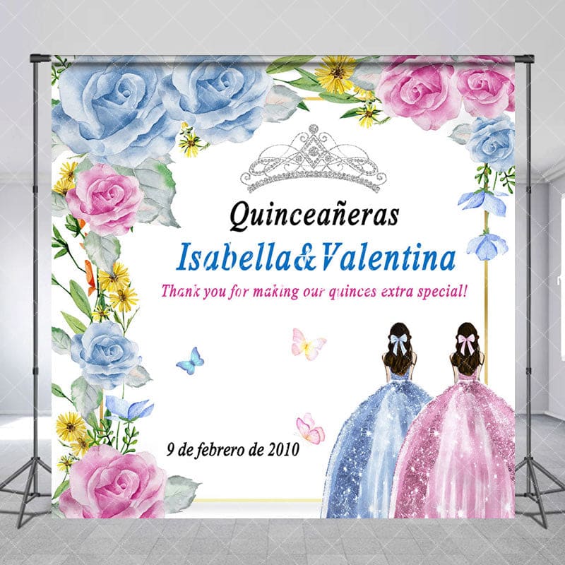 Aperturee - Aperturee Blue Pink Rose Custom Name Quinceaneras Backdrop