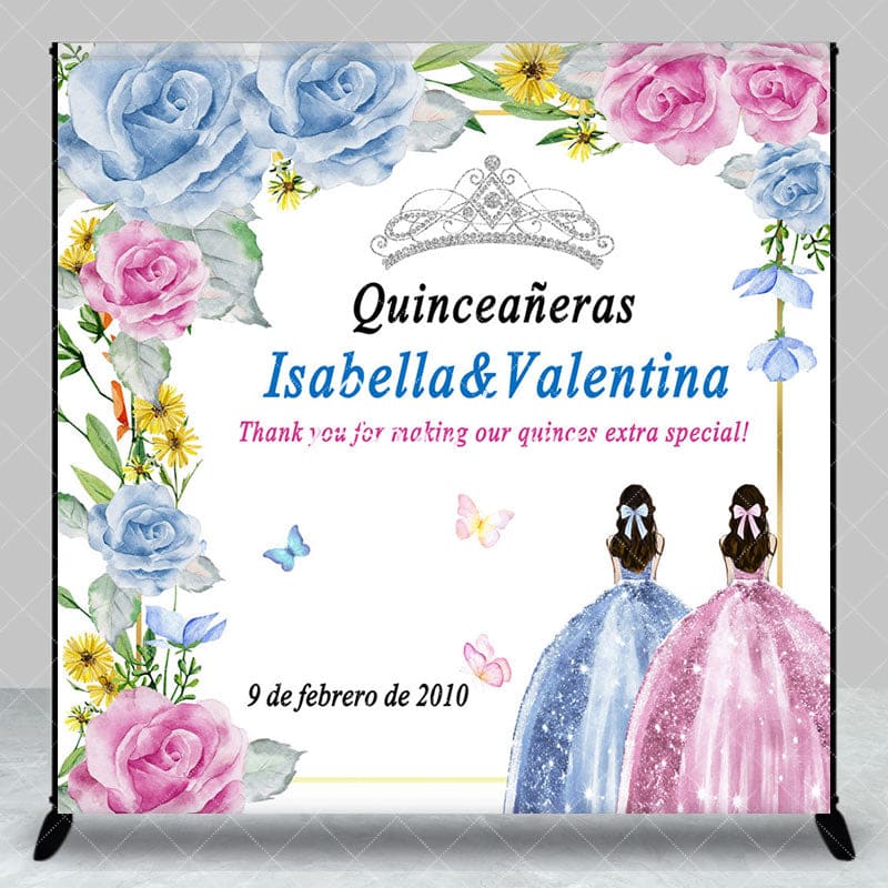 Aperturee - Aperturee Blue Pink Rose Custom Name Quinceaneras Backdrop