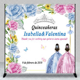 Aperturee - Aperturee Blue Pink Rose Custom Name Quinceaneras Backdrop