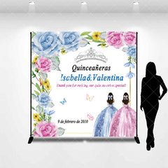 Aperturee - Aperturee Blue Pink Rose Custom Name Quinceaneras Backdrop