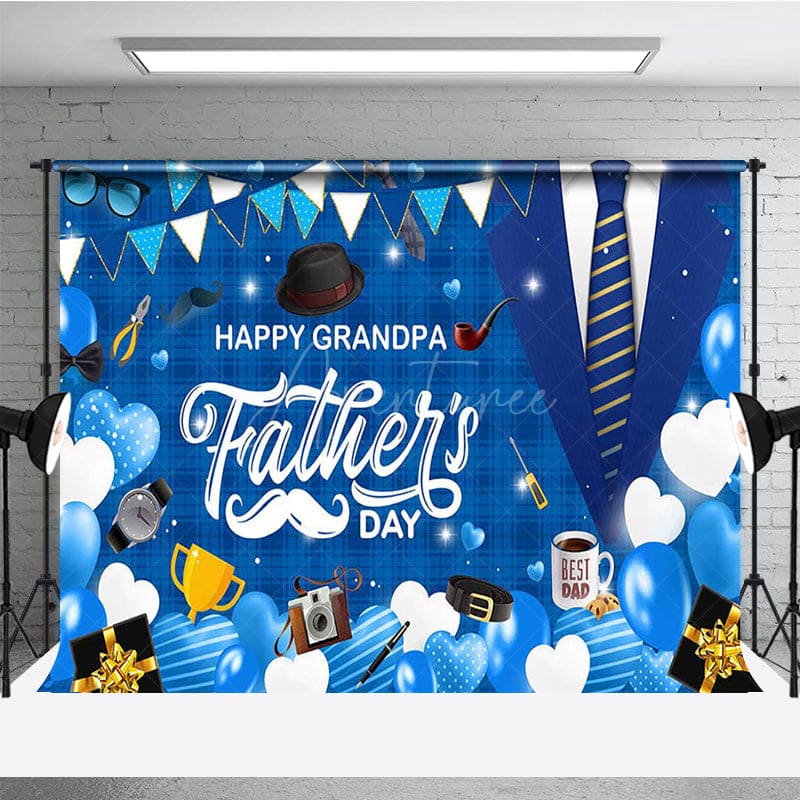 Aperturee - Aperturee Blue Plaid Balloons Happy Grandpa Fathers Day Backdrop