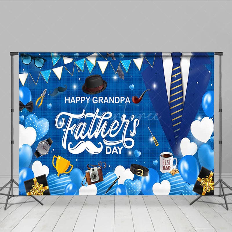 Aperturee - Aperturee Blue Plaid Balloons Happy Grandpa Fathers Day Backdrop