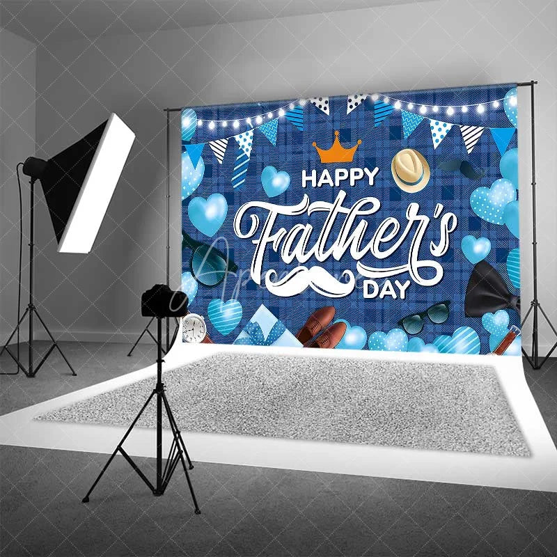 Aperturee - Aperturee Blue Plaid Happy Fathers Day Backdrop Mustache and Crown Party Background Blue Hearts Celebration Decorations
