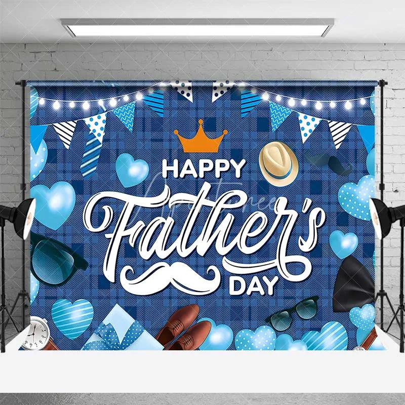 Aperturee - Aperturee Blue Plaid Happy Fathers Day Backdrop Mustache and Crown Party Background Blue Hearts Celebration Decorations