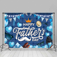 Aperturee - Aperturee Blue Plaid Happy Fathers Day Backdrop Mustache and Crown Party Background Blue Hearts Celebration Decorations