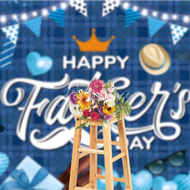 Aperturee - Aperturee Blue Plaid Happy Fathers Day Backdrop Mustache and Crown Party Background Blue Hearts Celebration Decorations