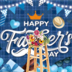 Aperturee - Aperturee Blue Plaid Happy Fathers Day Backdrop Mustache and Crown Party Background Blue Hearts Celebration Decorations
